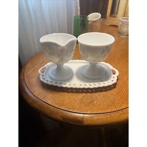 Indiana glass Milk Glass Paneled‎ Grape Cream and sugar With Underplate